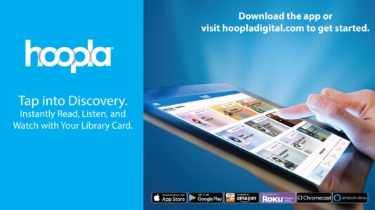 Hoopla logo and link to download app